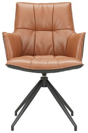 Moderner brauner Ledersessel mit schwarzem Metallgestell, Frontalansicht