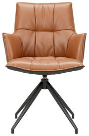 Moderner brauner Ledersessel mit schwarzem Metallgestell, Frontalansicht