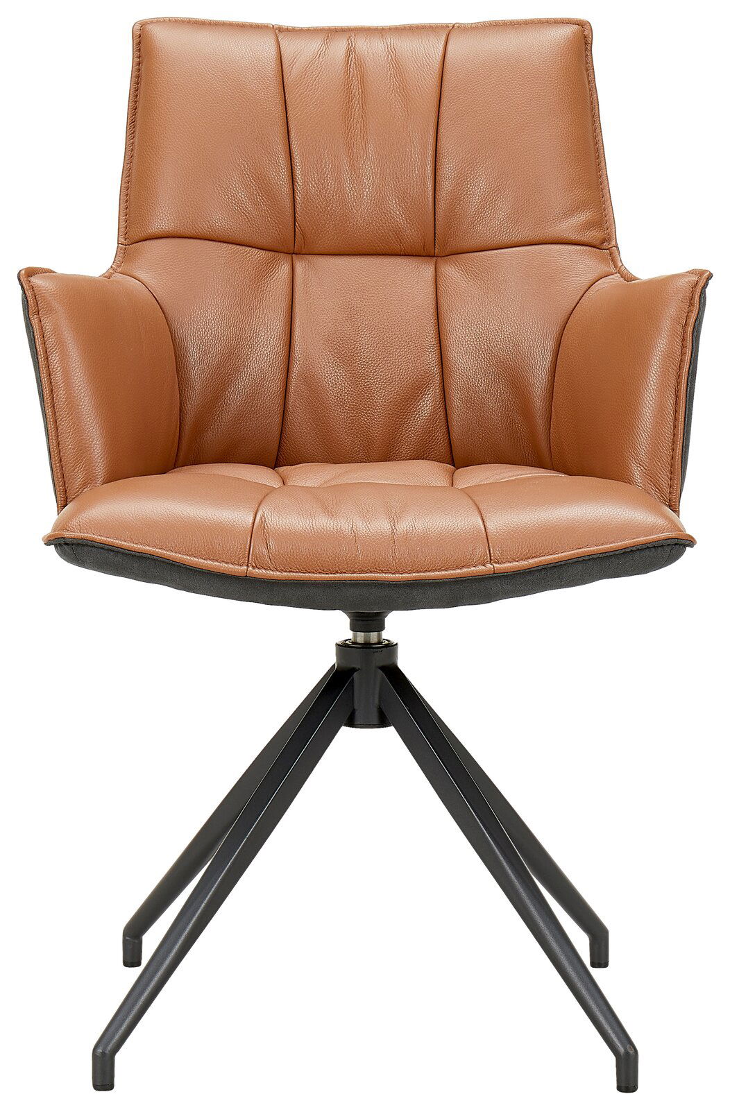 Moderner brauner Ledersessel mit schwarzem Metallgestell, Frontalansicht