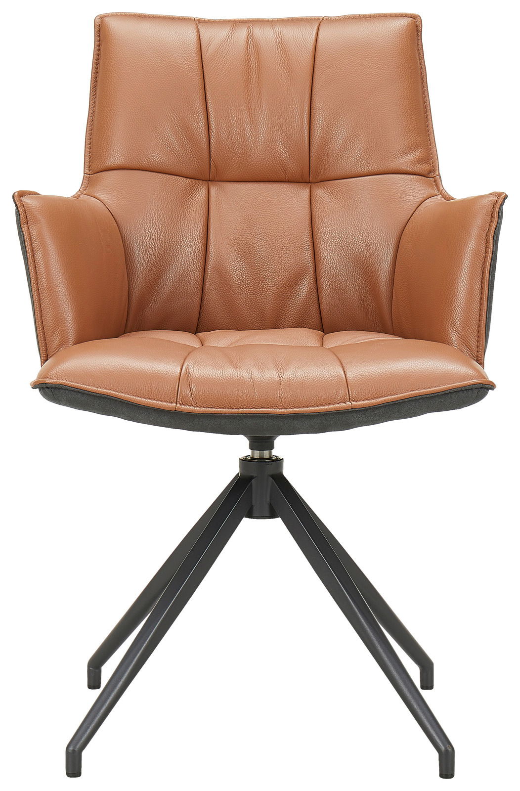 Moderner brauner Ledersessel mit schwarzem Metallgestell, Frontalansicht