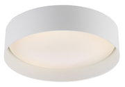 Runde, weiße LED-Deckenleuchte mit flachem Diffusor, freigestellt auf weißem Hintergrund, Ansicht schräg von unten.