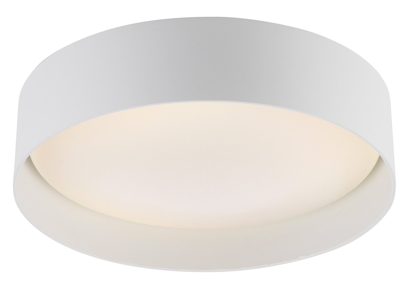 Runde, weiße LED-Deckenleuchte mit flachem Diffusor, freigestellt auf weißem Hintergrund, Ansicht schräg von unten.