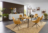 Moderner Essbereich mit Musterring Esstisch MR NAVARA und sechs gelben Stühlen, seitliche Perspektive