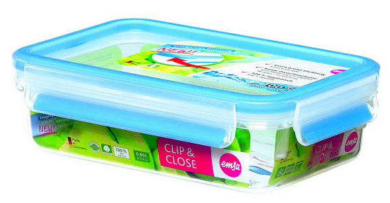 Rechteckige Frischhaltedose mit blauem Deckel, seitlicher Perspektive, 0,8 Liter, Clip & Close System.
