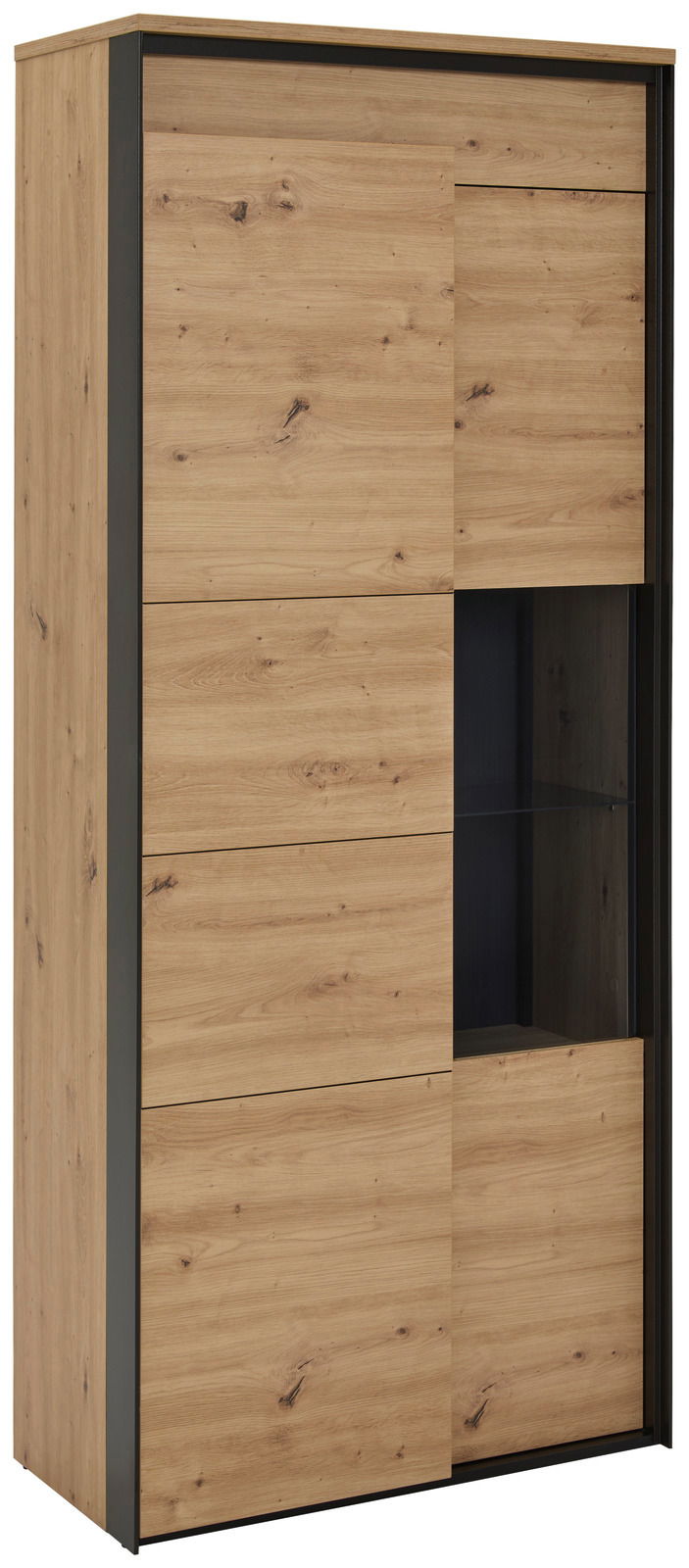 Vitrine aus Holz mit Glasfront, seitliche Perspektive