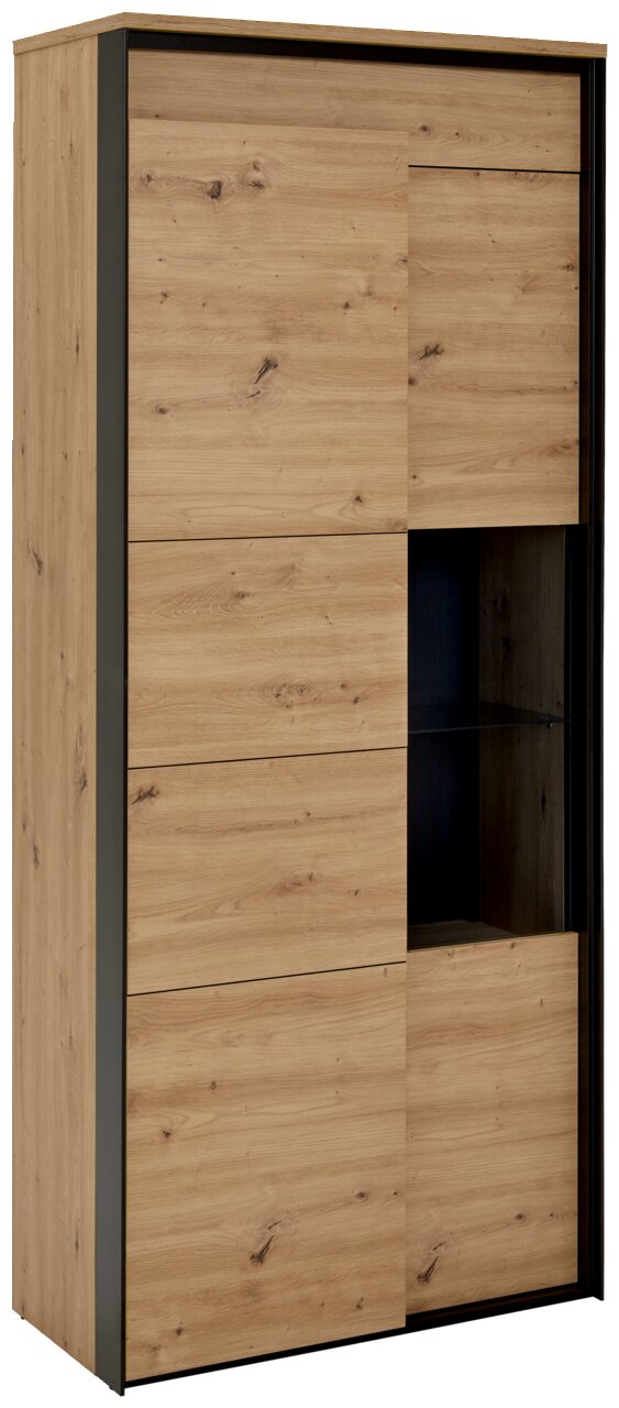 Vitrine aus Holz mit Glasfront, seitliche Perspektive