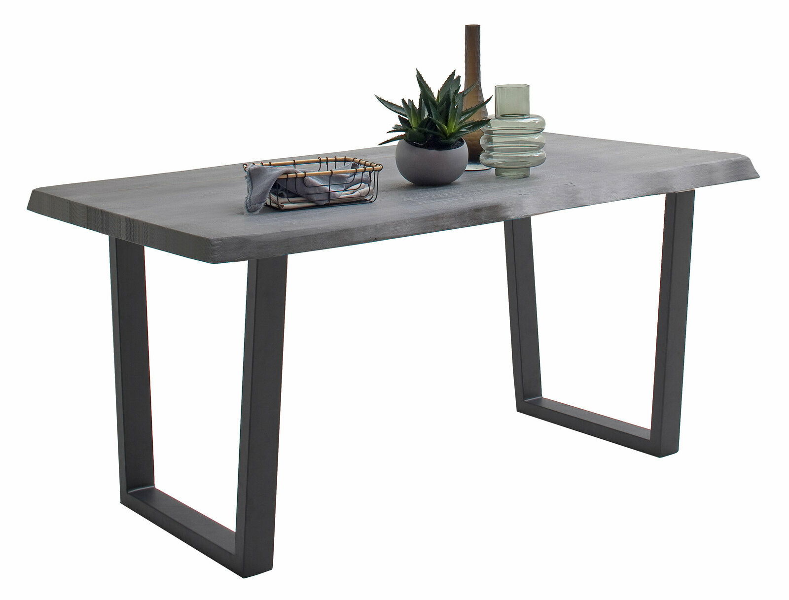 Moderner Esstisch mit rechteckiger Holzplatte und Metallbeinen, seitliche Perspektive