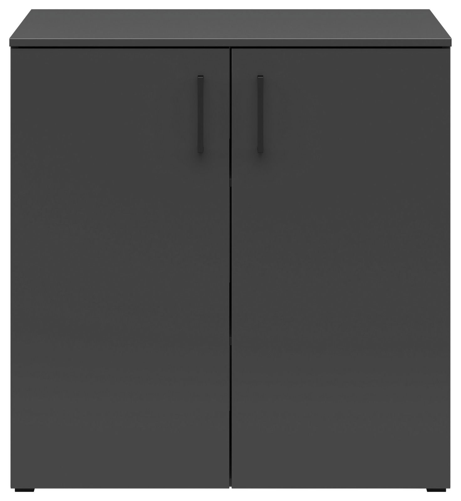 Schwarze Kommode mit zwei Türen, frontale Ansicht