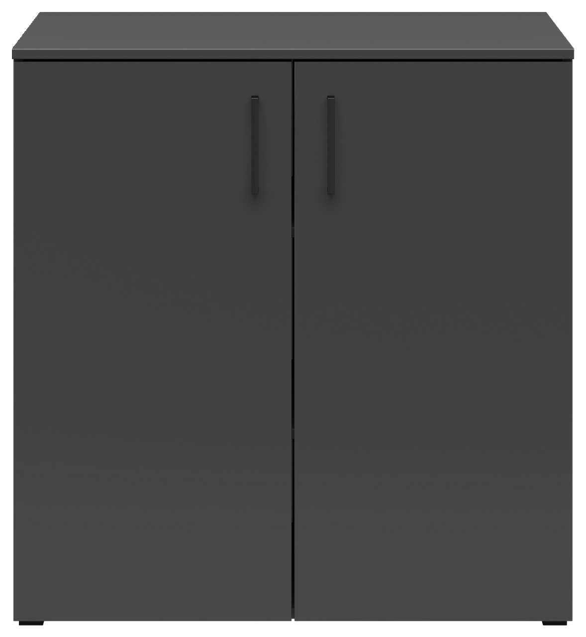 Schwarze Kommode mit zwei Türen, frontale Ansicht