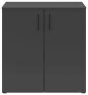 Schwarze Kommode mit zwei Türen, frontale Ansicht