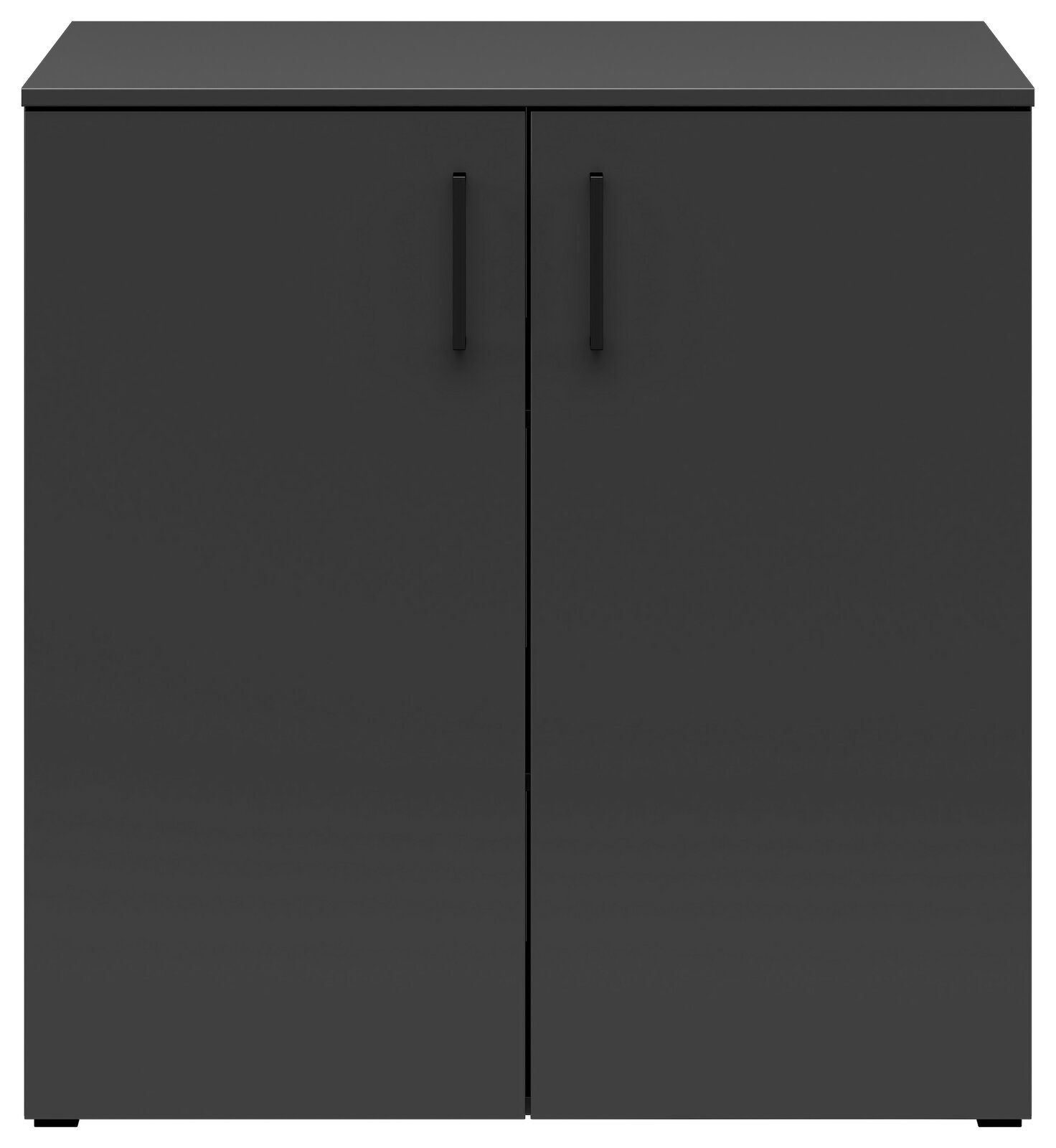 Schwarze Kommode mit zwei Türen, frontale Ansicht