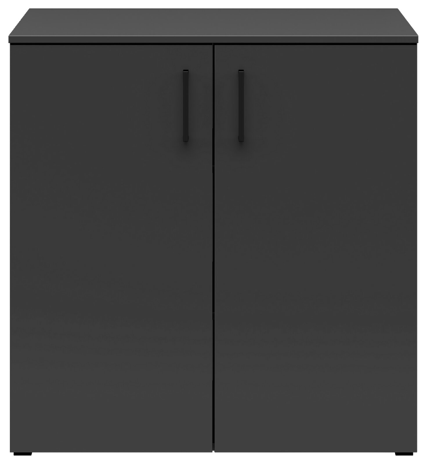 Schwarze Kommode mit zwei Türen, frontale Ansicht