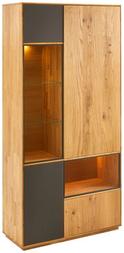 Vitrine 2-türig aus Holz mit Glasregalen und dunklen Akzenten, seitliche Perspektive