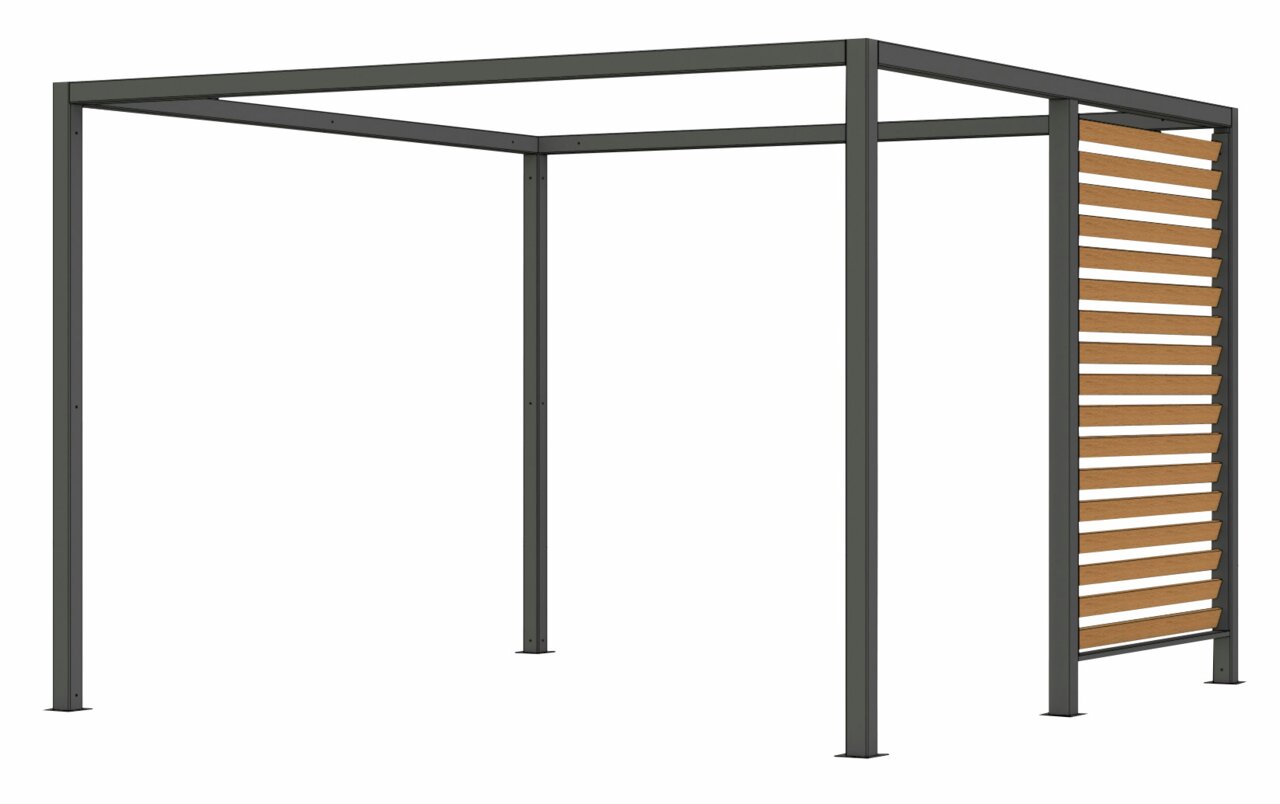 Moderne zichtbescherming in houtlook met metalen frame, zijaanzicht