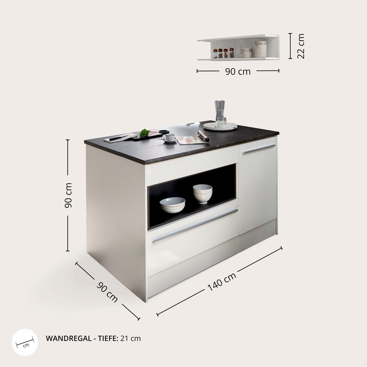 Kücheninsel mit weißem Korpus und dunkler Arbeitsplatte, seitliche Perspektive, mit integriertem Regal und Schubladen, Maße: 90 cm hoch, 140 cm breit, 90 cm tief.