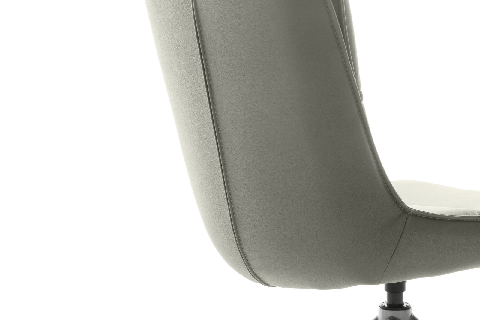 Rückansicht eines modernen Stuhls mit gepolsterter Rückenlehne in hellgrauer Farbe.