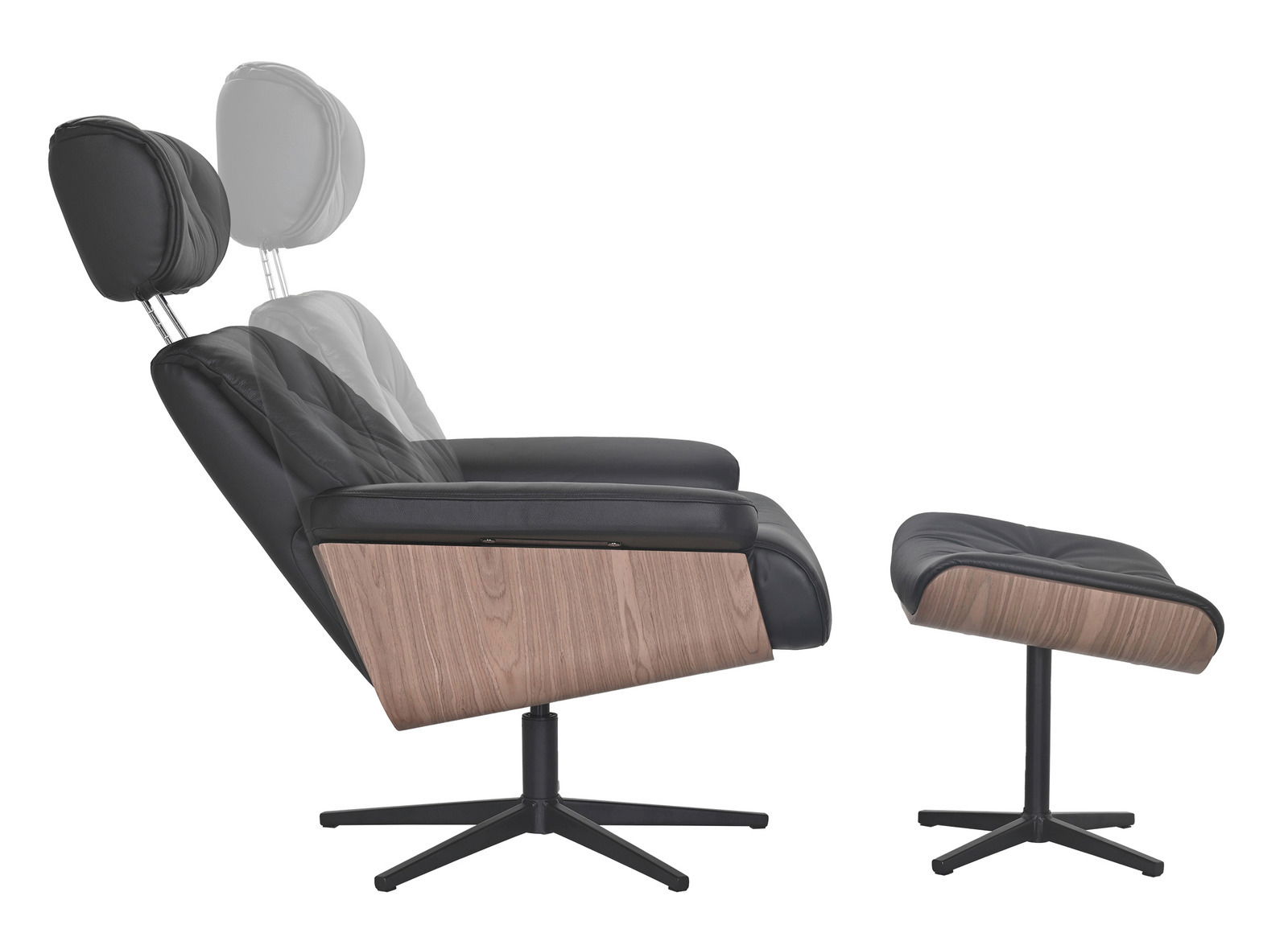 Seitliche Ansicht eines Relaxsessels mit Hocker, schwarzes Leder und Holzdetails, verstellbare Kopfstütze.
