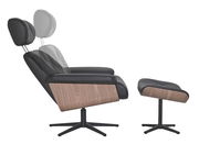 Seitliche Ansicht eines Relaxsessels mit Hocker, schwarzes Leder und Holzdetails, verstellbare Kopfstütze.