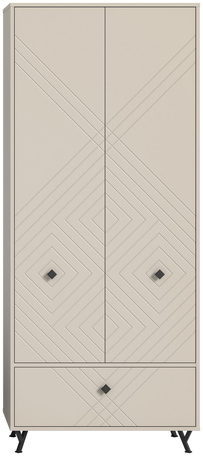 Moderner Garderobenschrank in Beige mit geometrischem Muster und schwarzen Griffen, Frontalansicht