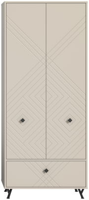 Moderner Garderobenschrank in Beige mit geometrischem Muster und schwarzen Griffen, Frontalansicht