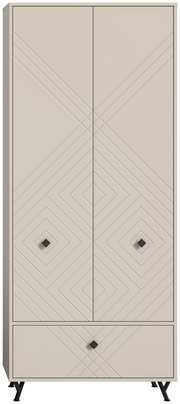 Moderner Garderobenschrank in Beige mit geometrischem Muster und schwarzen Griffen, Frontalansicht