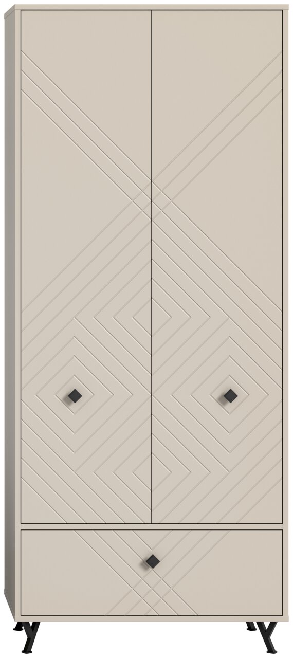 Moderner Garderobenschrank in Beige mit geometrischem Muster und schwarzen Griffen, Frontalansicht
