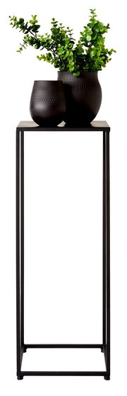 Schwarzer Beistelltisch mit zwei dekorativen Vasen und grünen Pflanzen, frontal betrachtet.