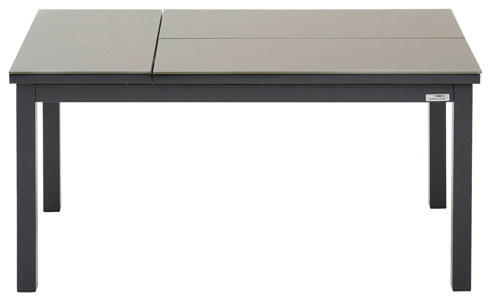 Moderner Loungetisch mit grauer Tischplatte und schwarzem Gestell, Frontalansicht