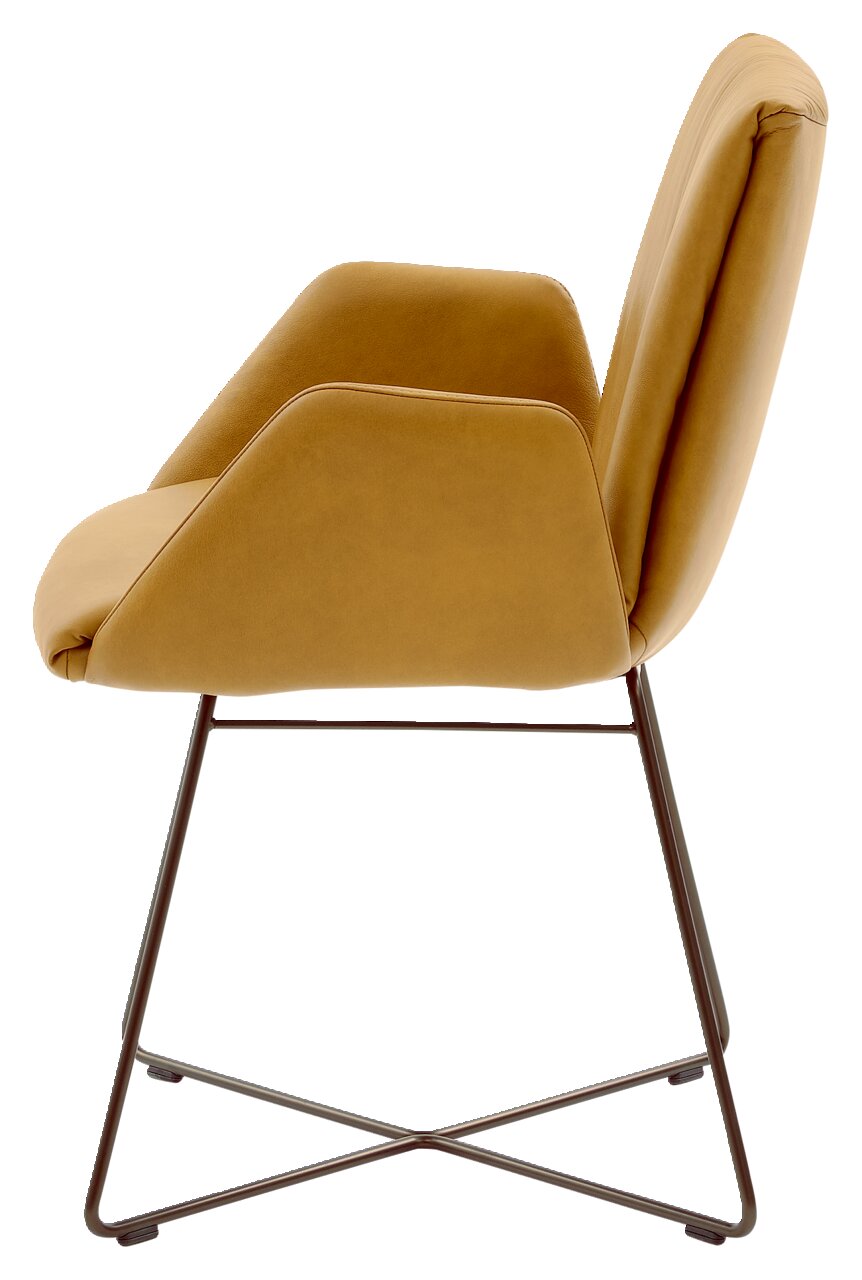 Moderner Sessel in senfgelber Farbe mit Metallgestell, Seitenansicht