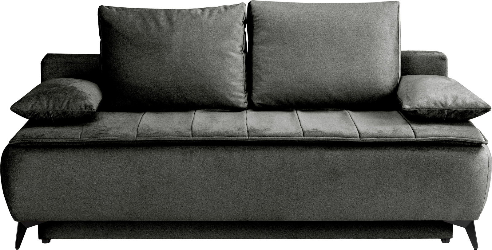 Dunkelgraues 2-Sitzer-Sofa mit zwei großen Rückenkissen, gepolsterten Armlehnenkissen und gestepptem Sitz, freigestellt auf weißem Hintergrund, Frontansicht.