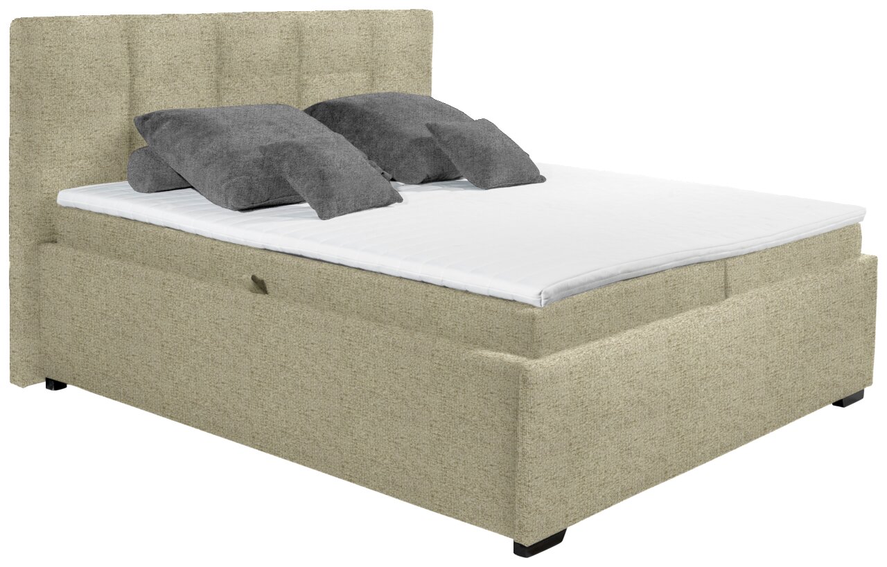 Gestoffeerd bed in beige met hoog hoofdeinde, zijaanzicht