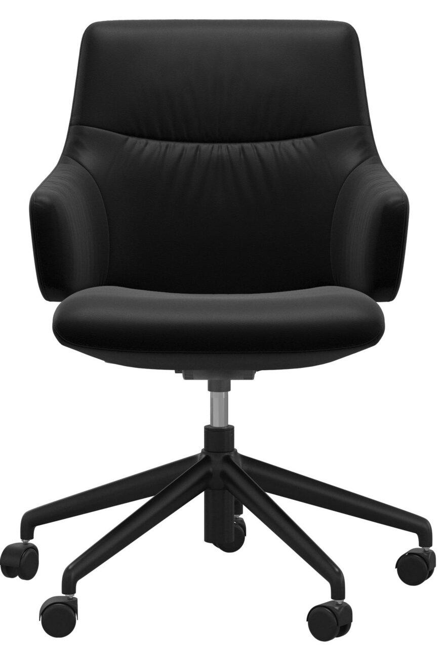 Schwarzer Drehstuhl mit Armlehnen und fünf Rollen, Vorderansicht