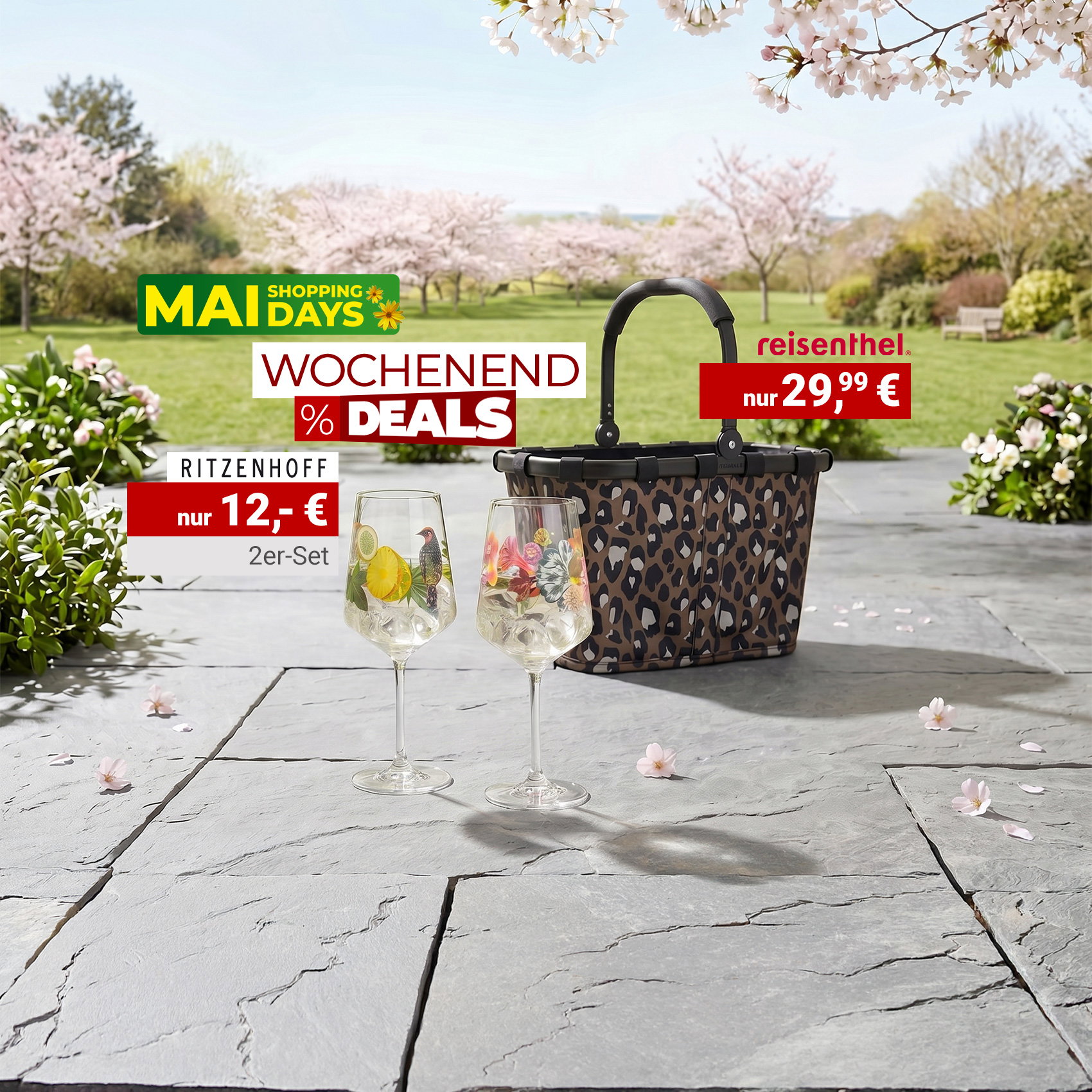 Frühlingsszene mit Picknickkorb und Weingläsern, Mai Shopping Days, Wochenend-Deals mit reduzierten Preisen