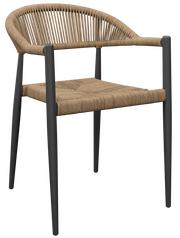 Moderner Stapelsessel mit geflochtenem Sitz und Rückenlehne, seitliche Perspektive