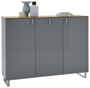 Moderne XL-schoenenkast in grijs met drie deuren, versierd met vazen en boeken op de bovenkant, gezien vanaf de voorkant.