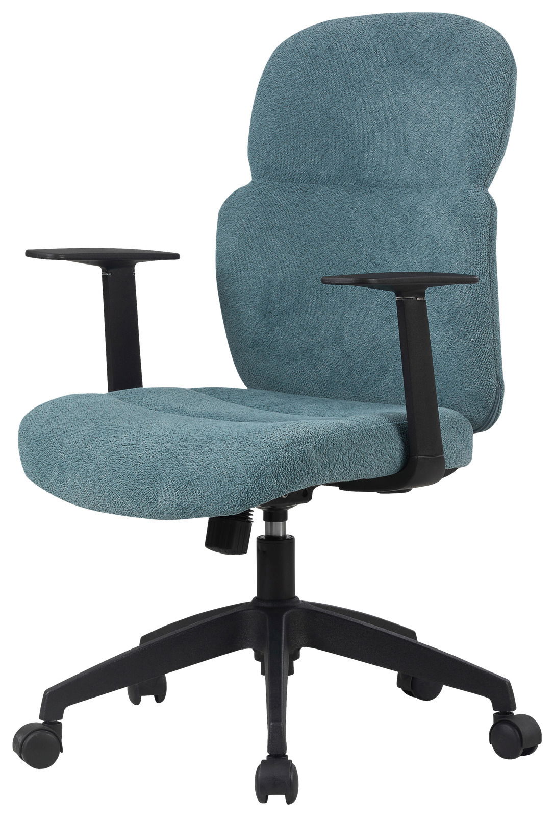 Bürostuhl mit blauer Polsterung und schwarzen Armlehnen, seitliche Perspektive