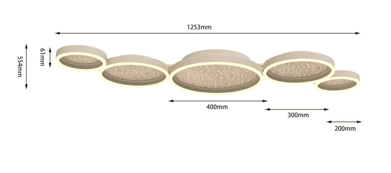 LED-plafondlamp met meerdere ronde elementen, zijaanzicht, afmetingen: 1253 mm x 554 mm x 61 mm