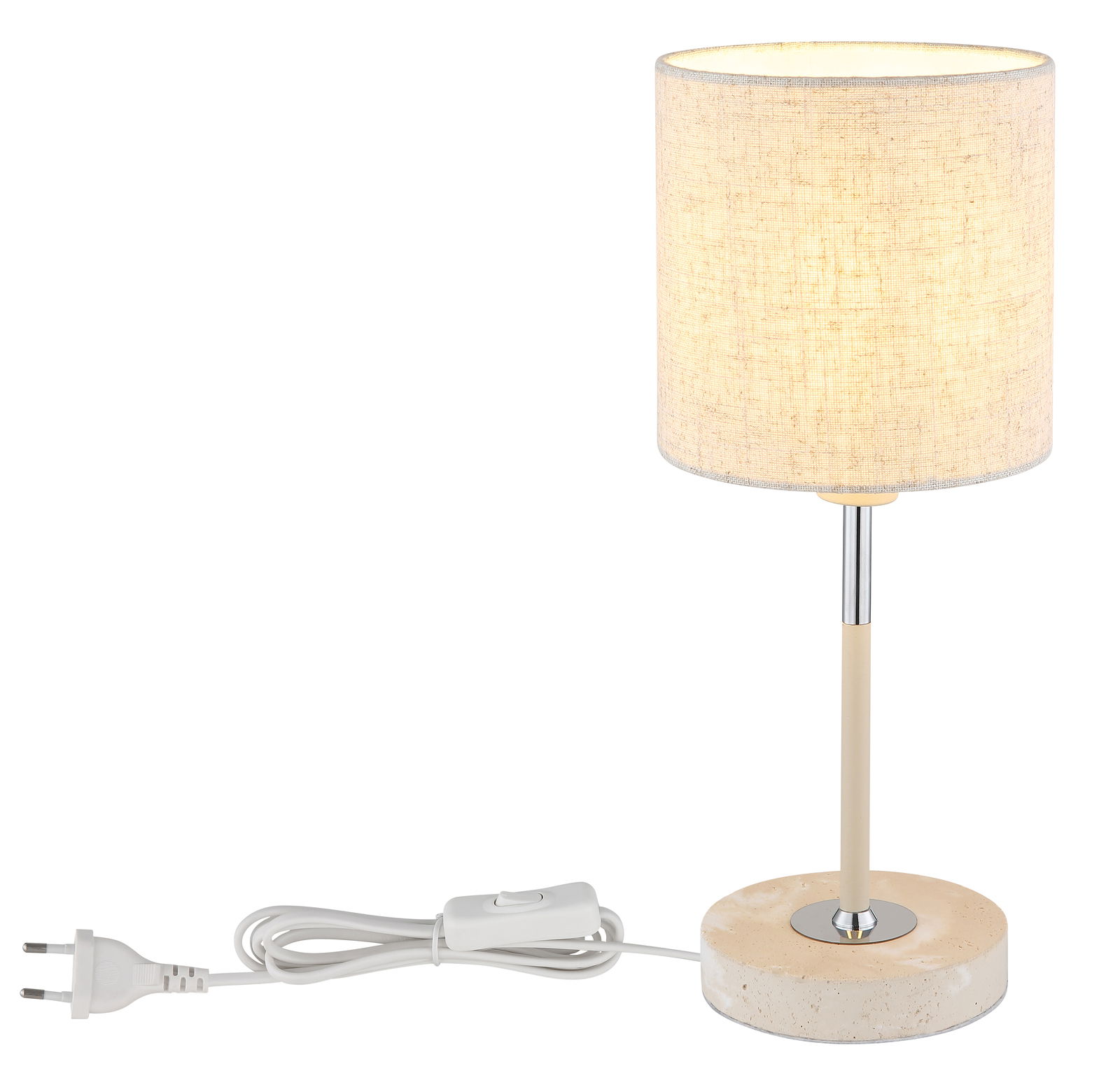 Tischleuchte mit rundem Stoffschirm und hellem Sockel, seitliche Perspektive