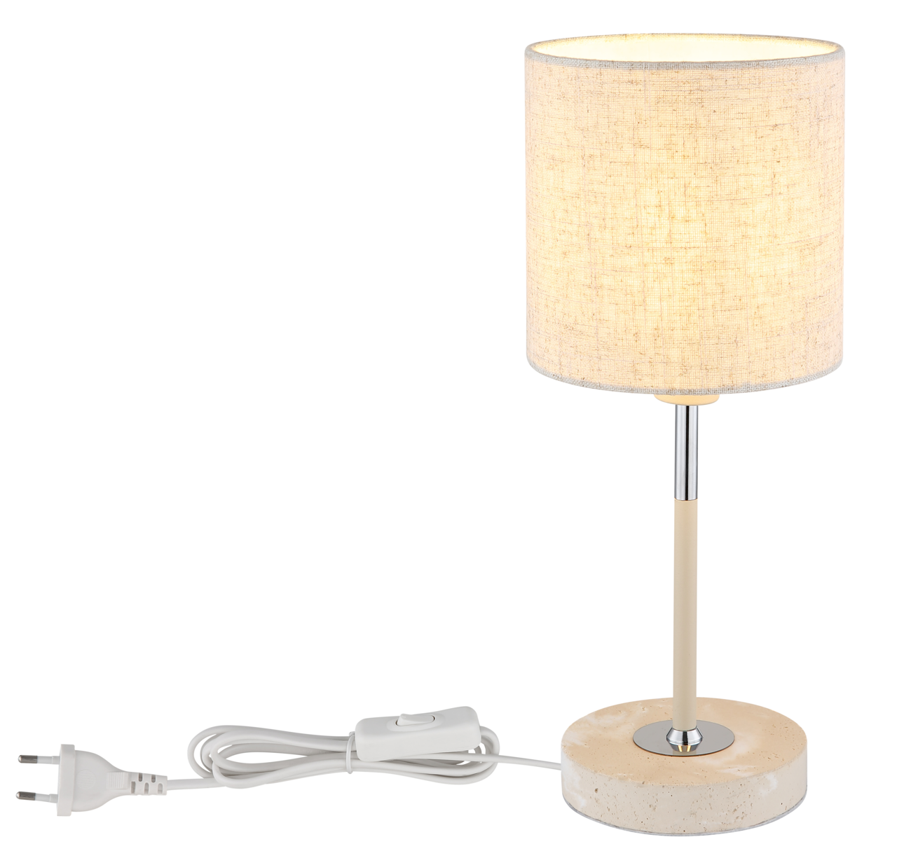 Tischleuchte mit rundem Stoffschirm und hellem Sockel, seitliche Perspektive