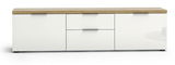 Frontale Ansicht eines modernen TV-Lowboards mit weißer Oberfläche und Holzplatte.