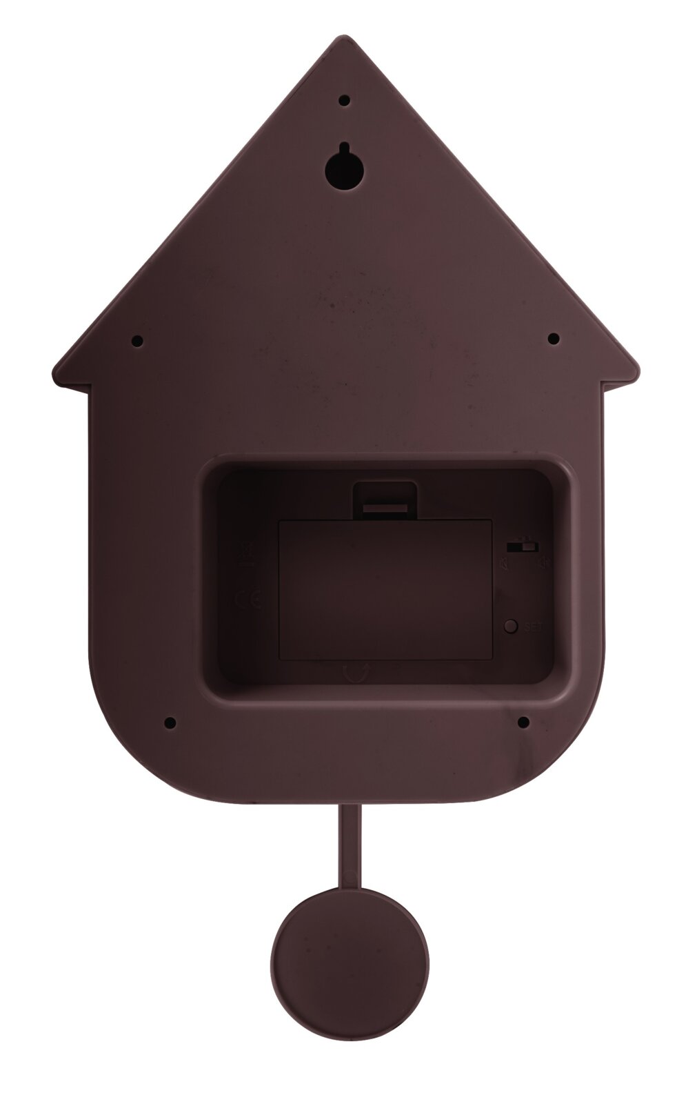 Rückansicht einer braunen Wanduhr in Form eines Hauses mit Pendel.