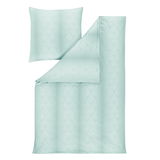 Bettwäsche-Set in hellem Mintgrün mit dezentem Muster, bestehend aus einem Kissenbezug und einem Bettdeckenbezug, aus der Vogelperspektive fotografiert.
