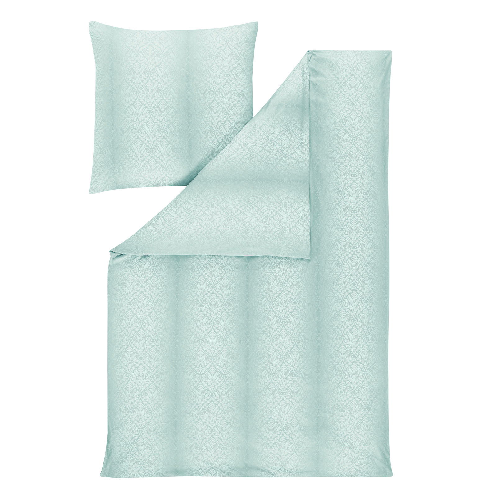 Bettwäsche-Set in hellem Mintgrün mit dezentem Muster, bestehend aus einem Kissenbezug und einem Bettdeckenbezug, aus der Vogelperspektive fotografiert.