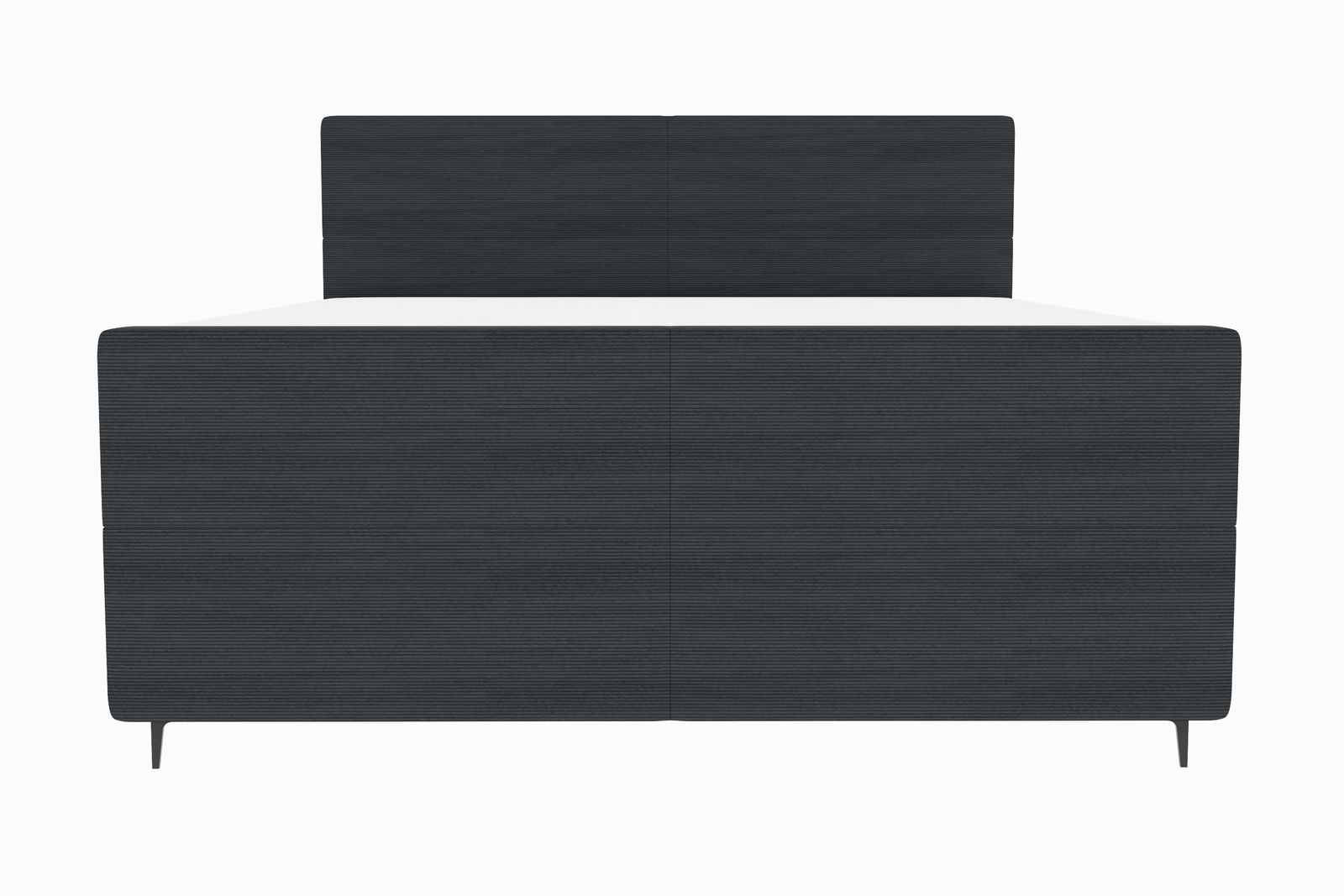 Frontansicht eines modernen Boxspringbetts mit dunklem Stoffbezug und schlichtem Design.