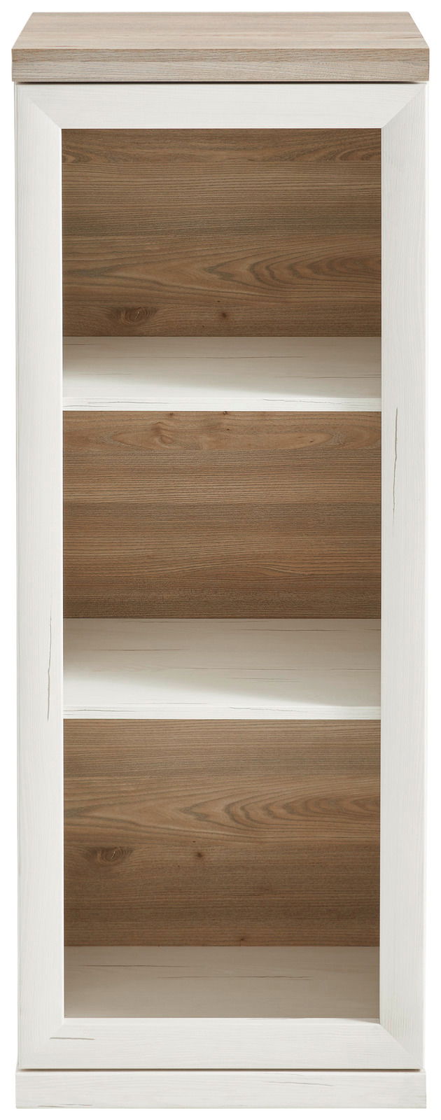 Frontale Ansicht eines schmalen Aktenregals mit drei offenen Fächern, Holzoptik in Weiß und Naturholz.