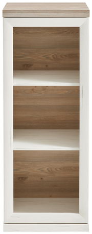 Frontale Ansicht eines schmalen Aktenregals mit drei offenen Fächern, Holzoptik in Weiß und Naturholz.