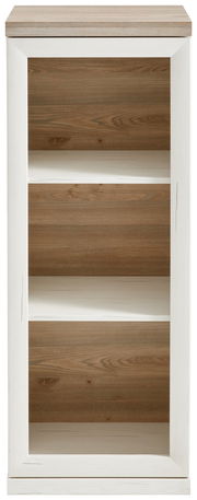 Frontale Ansicht eines schmalen Aktenregals mit drei offenen Fächern, Holzoptik in Weiß und Naturholz.