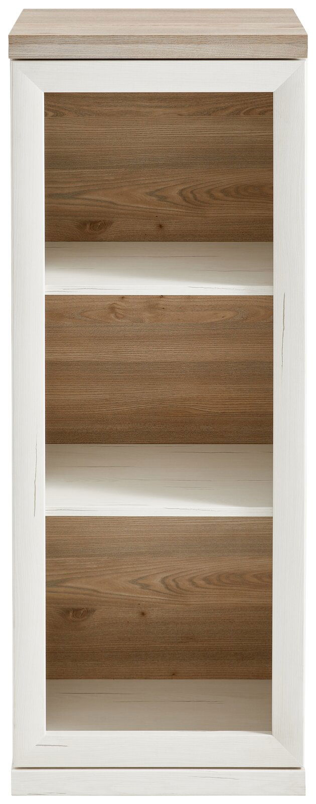 Frontale Ansicht eines schmalen Aktenregals mit drei offenen Fächern, Holzoptik in Weiß und Naturholz.