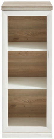 Frontale Ansicht eines schmalen Aktenregals mit drei offenen Fächern, Holzoptik in Weiß und Naturholz.