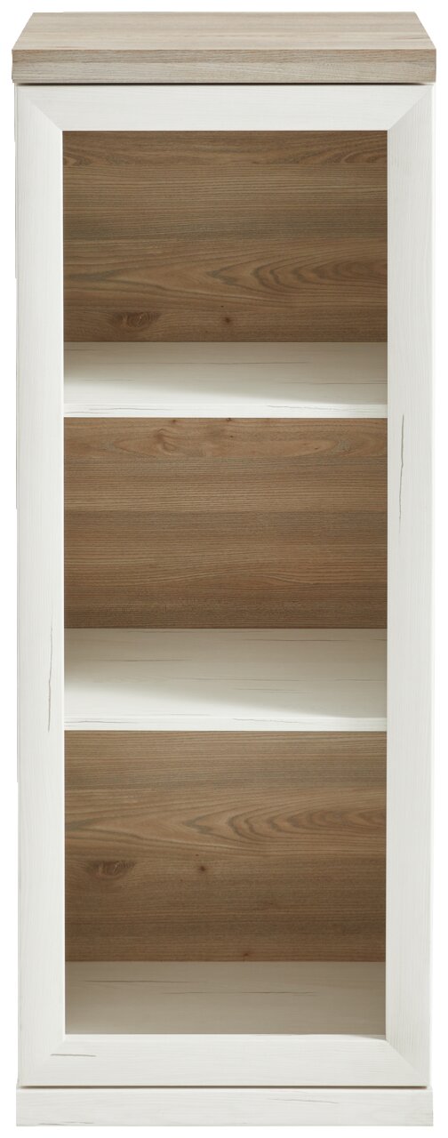 Frontale Ansicht eines schmalen Aktenregals mit drei offenen Fächern, Holzoptik in Weiß und Naturholz.